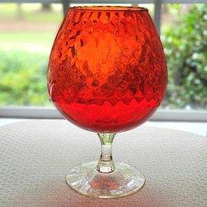 Empoli Diamond Optic 9&quot; Red, Footed Vase or Large Brandy Snifter. Made in Italy 1960&#39;s Mid-Century Mod Hand-Blown Glass Accent Decor