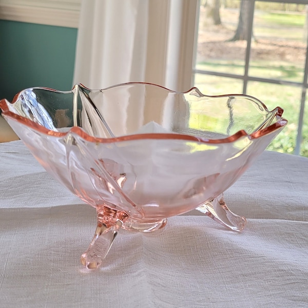 Simply Sweet Lancaster Petal Pink Pattern Depression Glass 3-Footed Bowl with Scalloped Edge, 6.25" wide x 3" tall 1930's Candy Dish