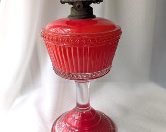 Antique (~1893) Clear Glass Oil/Kerosene Lamp Base. Duncan "Ribbed Band" with added red paint