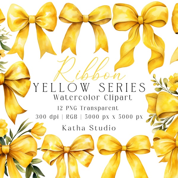 Yellow Ribbon Watercolor Clipart | PNG Transparent clipart, Commercial POD, Invitation, Birthday, Menu, Pastel Gift Bows, Cute Baby Art