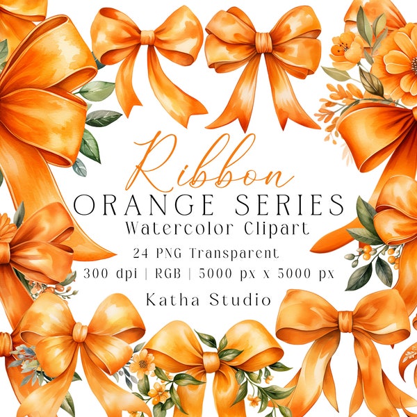 Orange Ribbon Watercolor Clipart | PNG Transparent clipart, Commercial POD, Fall, Autumn, Scrapbooking, Pastel Gift Bows, Digital Download