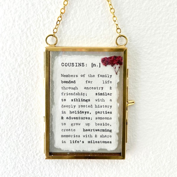 Cousins | tiny typewriter print on 2x3 handmade cotton paper with 2.5x3.5 mini floating vertical frame, wall hanging accent décor, ornament