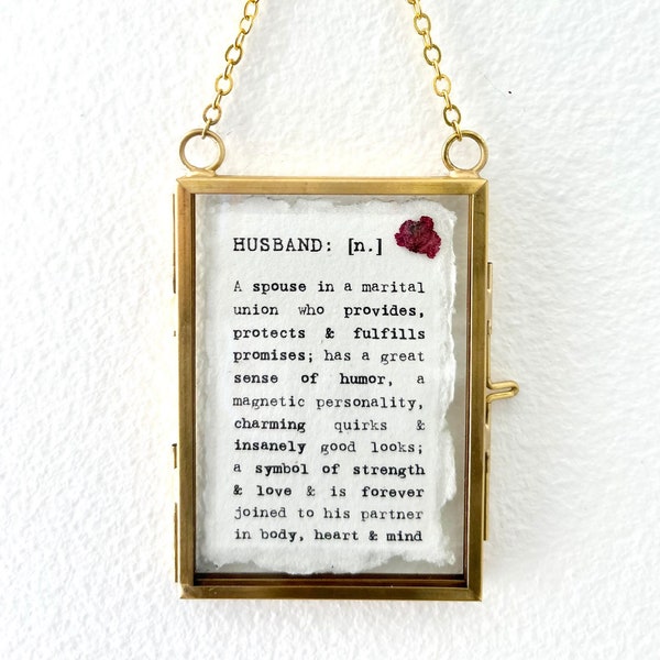 Husband | tiny typewriter print on 2x3 handmade cotton paper with 2.5x3.5 mini floating vertical frame, wall hanging accent décor, ornament