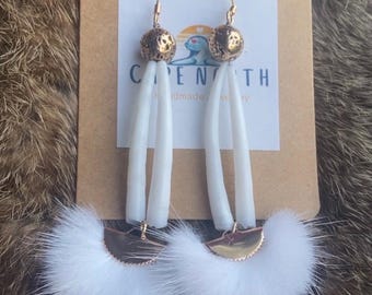 Dentalium earrings with faux mink fur