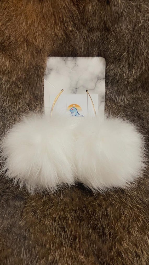 White Rabbit Fur Pom Pom Earrings on a French V-shaped Hook