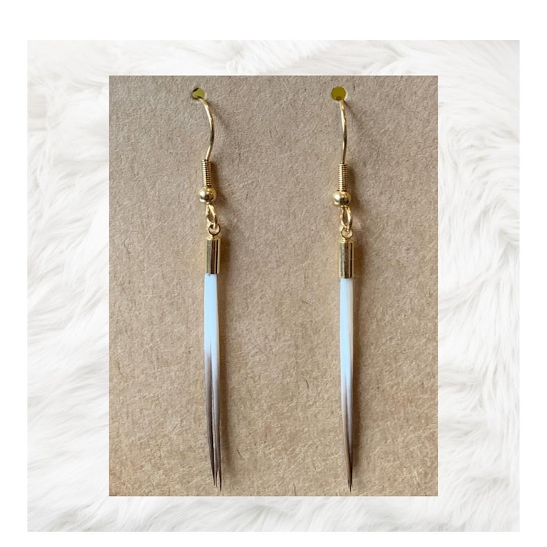 May include: A pair of gold dangle earrings with white and brown feather accents.