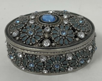 Vintage Metal Oval Pill Trinket Ring Box with Rhinestones and Glazed Interior