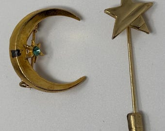 2 Vintage Brooches Pins - Crescent Moon Brooch and Star Stick Pin