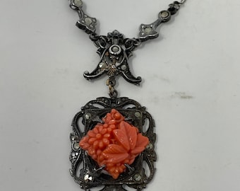 Antique Vintage ART DECO Carved Coral Celluloid Lavalier Necklace with Marcasite - Sterling