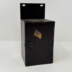 Vintage Metal Hanging (maybe Tiny Mite) Faux Woodgrain Coin Bank Vault - 1920-30s - Inner box slides out