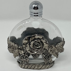 Vintage Glass Perfume Bottle - Silver-Plated - Rose design