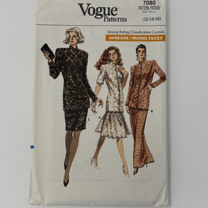 May include: Vogue Patterns sewing pattern envelope featuring illustrations of three different women's outfits. The envelope includes the pattern number 7080 and size range (12-14-16). The sewing rating is average.