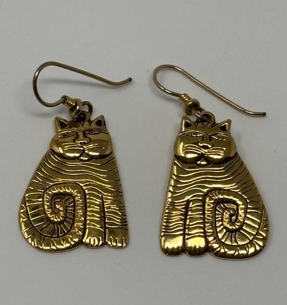 Vintage Laurel Burch "SHAMBALA" Gold Cats Designer Dangle Earrings - 1980s
