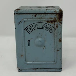 Vintage Powder Blue Thrift Safe Metal Coin Bank