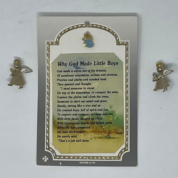 Vintage Angel Pins (2), and tack pin attached to Why God Made Little Boys prayer card.