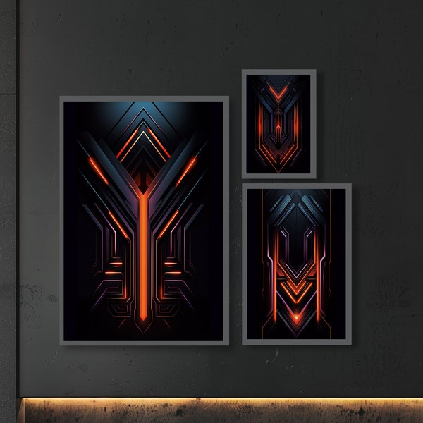 Cyberpunk Neon Light Tribal Futuristic Wall Art Set of 3 | Vintage Retro Neo Futuristic Modern Abstract Prints | Digital Instant Download