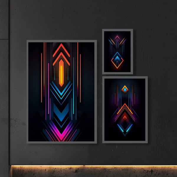 Cyberpunk Neon Light Tribal Futuristic Wall Art Set of 3 | Vintage Retro Neo Futuristic Modern Abstract Prints | Digital Instant Download