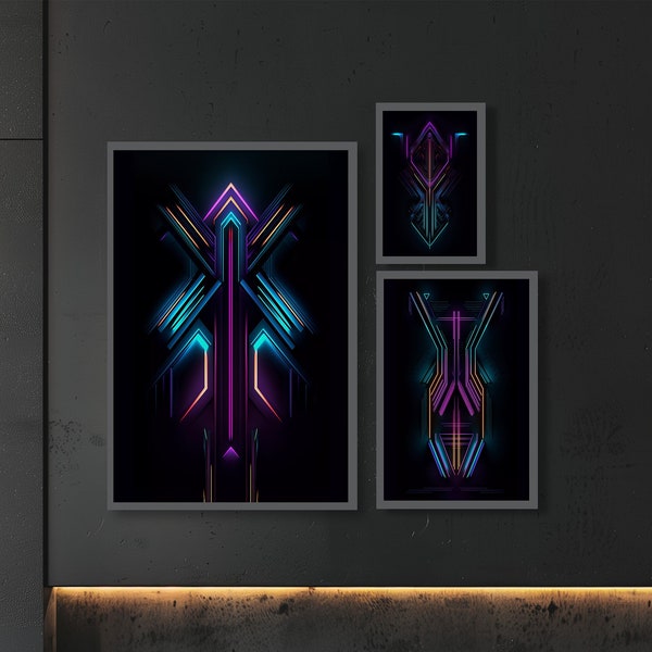 Cyberpunk Neon Light Tribal Futuristic Wall Art Set of 3 | Vintage Retro Neo Futuristic Modern Abstract Prints | Digital Instant Download
