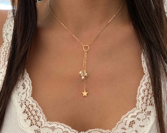 Collana lariat circolare con pendente e perle, collana Karma, lariat lungo con pietre preziose, stratificazione, catena nuziale per sposa, damigelle d'onore