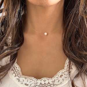 Osynligt pärlhalsband, Flytande sötvattenspärla, Fiskelina-choker, Enpärl-choker, Transparent halsband, Solitär, Brudtärnepresent