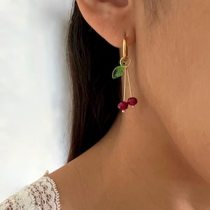 Cherry Hoop Earrings, Long Crystal Cherry Earrings - Summer Fruit Jewelry