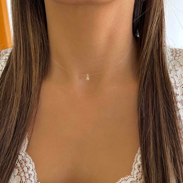 Collier invisible avec petit cristal flottant de ZC, Collier en argent sterling avec diamants flottants, Tour de cou avec fil de pêche, Fil de nylon, Transparent