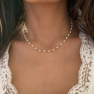 Pearl rosary necklace, Pearl bead necklace, White pearl bead chain, Dainty pearl choker, Wire wrapped pearl, Classic necklace, Gift for wife