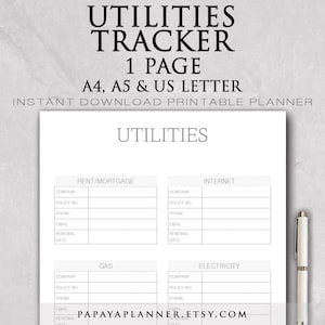 Utilities Tracker - Printable Planner, Household Planner, Personal ...