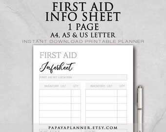 First Aid Info Sheet - Printable Planner, Health Planner, Wellness Tracker, Weightloss, Medical, 2024 Planner, Instant Download, A4 PDF