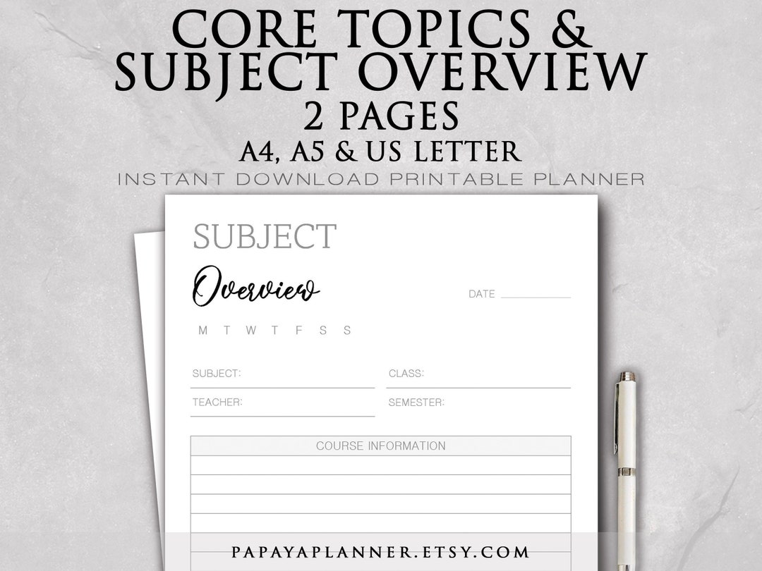 Core Topics & Subjects - Printable Planner, Education Template, Study ...