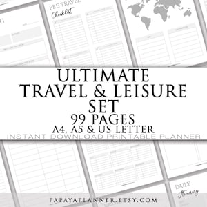 Pode incluir: Um conjunto de planejadores imprimíveis para viagens e lazer. O conjunto inclui 99 páginas nos tamanhos A4, A5 e US Letter. A capa apresenta um mapa do mundo e o texto "ULTIMATE TRAVEL & LEISURE SET 99 PAGES A4, A5 & US LETTER INSTANT DOWNLOAD PRINTABLE PLANNER".