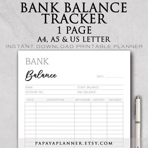 Banksaldo: afdrukbare planner, budgetsjabloon, rekeningplan, uitgavenlogboek, onkostentracker, planner 2025, directe download, pdf-A4-formaat