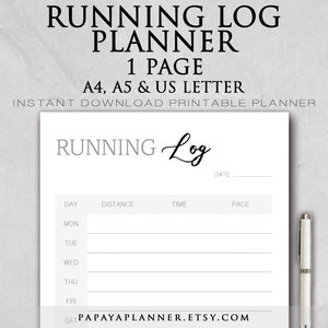 Running Log Planner - Printable Planner, Fitness Template, Meal Plan, Workout Log, Weight Tracker, 2025 Planner, Instant Download, A4 PDF
