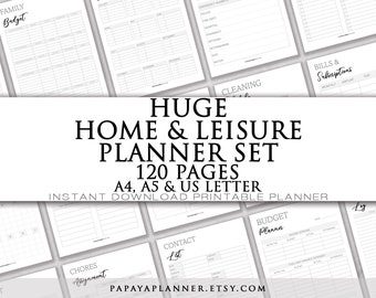 Puede incluir: Una imagen en blanco y negro de un conjunto de planificadores imprimibles con el texto "HUGE HOME & LEISURE PLANNER SET 120 PAGES A4, A5 & US LETTER INSTANT DOWNLOAD PRINTABLE PLANNER PAPAYAPLANNER.ETSY.COM". Las páginas del planificador incluyen secciones para el presupuesto familiar, las facturas y las suscripciones, la planificación de la limpieza, las tareas domésticas, la lista de contactos y el planificador de presupuesto.