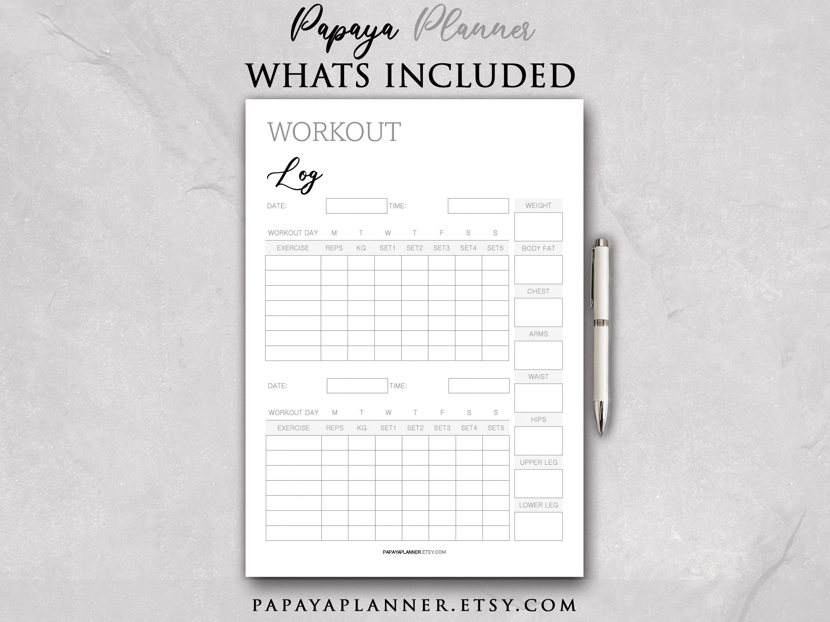 Workout Planner Log - Printable Planner, Fitness Template, Meal Plan ...