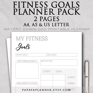 Fitness Goals Planner - Printable Planner, Fitness Template, Meal Plan, Workout Log, Weight Tracker, 2025 Planner, Instant Download, A4 PDF