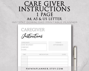 Caregiver Instructions - Printable Planner, Health Planner, Wellness Tracker, Weightloss, Medical, 2024 Planner, Instant Download, A4 PDF