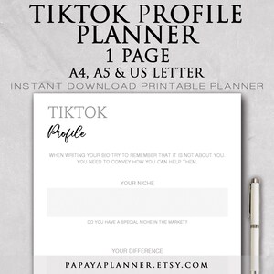 Tiktok Profile - Printable Planner, Personal Planner, Social Media, Content Creator, Influencer, 2025 Planner, Instant Download, A4 PDF