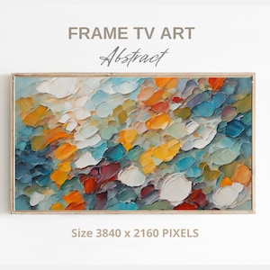 Könnte beinhalten: Abstrakter Kunstdruck in einem Rahmen mit einem farbenfrohen, strukturierten Design in Blautönen, Gelb, Orange, Weiß und Rot. Der Druck ist 3840 x 2160 Pixel groß.