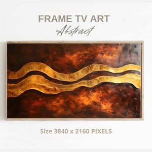 May include: Abstract art print with gold and brown wavy lines on a dark brown background. The print is framed and measures 3840 x 2160 pixels.