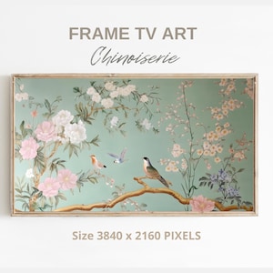 Chinoiserie Samsung Frame TV Art, Elegant Digital Art With Floral And Oriental Style, Soft Green Home Decor Instant Digital Download
