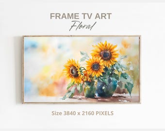 Samsung Frame TV Art: Watercolor Sunflowers, Rustic Cottagecore (Digital Download JPG 3840x2160px)