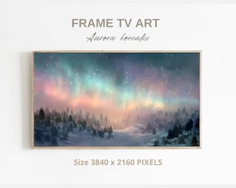 Könnte beinhalten: Gerahmter digitaler Kunstdruck mit dem Titel "Aurora Borealis". Das Kunstwerk zeigt ein farbenfrohes Nordlicht über einem verschneiten Wald. Das Bild ist überwiegend blau, rosa und grün, mit dem Text "FRAME TV ART" und "Size 3840 x 2160 PIXELS."