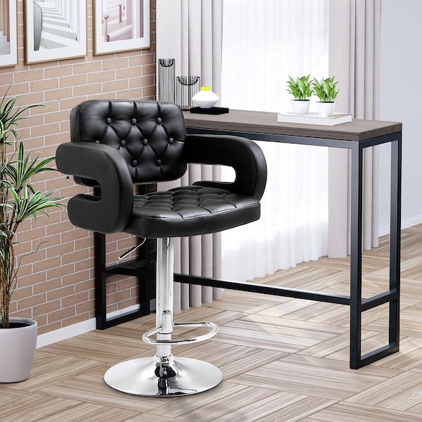 Adjustable PU Leather Bar Stool with Back Support - Modern Swivel Kitchen Stool - 360 Swivel - Black - Ideal for Breakfast Bar and Lounge