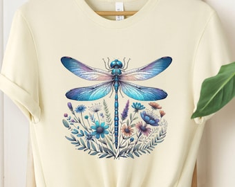 自然愛好家のためのトンボTシャツ、ボヘミアン風トンボシャツ、庭師へのギフト、コテージコアのプレゼント、ボタニカルシャツ、昆虫愛好家のためのトンボアート