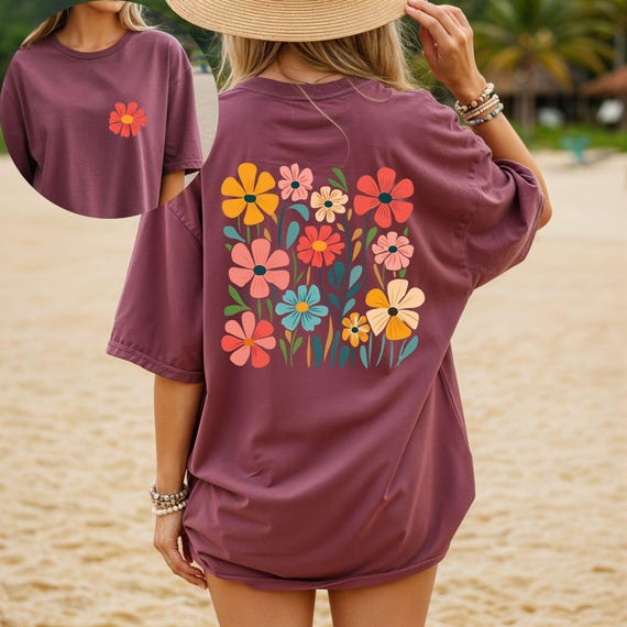Boho Flower TShirt Gift For Botanical Daisy Lover Retro Floral Tee Flower Present Shirt Floral Groovy Flower Daisy Flower Gardener Trendy