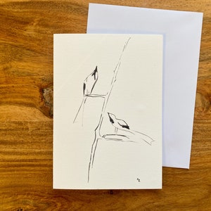 Biglietto d'auguri con due uccelli; Illustrazione; Disegno a inchiostro; Dipinto a mano; Biglietto di ringraziamento