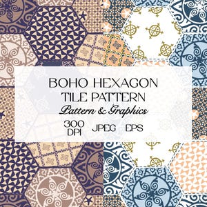 Può includere: Un design patchwork con piastrelle esagonali con vari motivi e colori. Le piastrelle includono forme geometriche, motivi floreali e simboli nautici in tonalità di blu, beige e marrone. Il testo sull'immagine recita "Boho Hexagon Tile Pattern & Graphics".