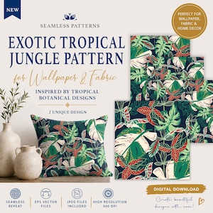 May include: An image showcasing an exotic tropical jungle pattern design for wallpaper and fabric. The design features a dark blue background with green, red, and white tropical leaves. A pillow and fabric samples display the pattern. The text reads "Exotic Tropical Jungle Pattern".