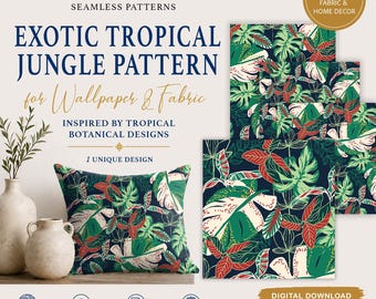 May include: An image displaying an exotic tropical jungle pattern for wallpaper and fabric. The design features a dark blue background with green, red, and white tropical leaves. A cushion and fabric samples show the pattern. The text reads "Exotic Tropical Jungle Pattern".
